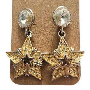 Vintage‎ Bijoux Designs New York Star Rhinestone Statement Earrings Gold Tone